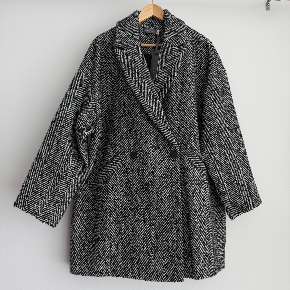 Mint Velvet Coat 14 US Black Herringbone Double Breasted Textured Jacket UK 18
